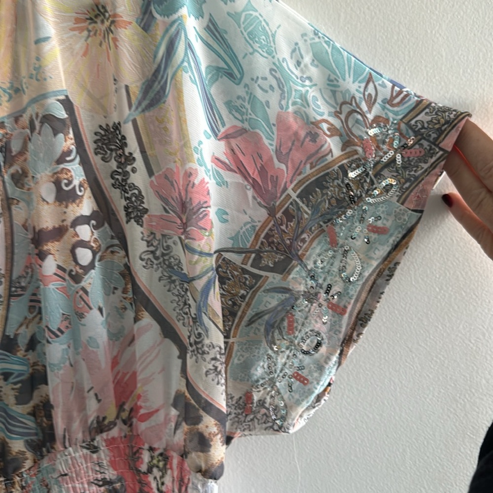 Spring floral duster, tie front, short sleeved, ruffle trim - Picture 2 of 8